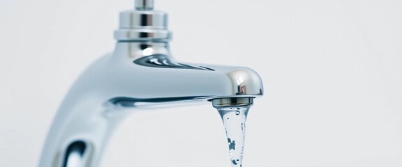 Close-up of a chrome water tap against a white background,  stream,  object
