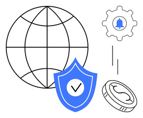Globe representing connectivity, shield for security, gear with notification, and currency coin. Ideal for technology, communication, data protection, cybersecurity, finance online safety