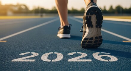 Runner s feet on a track with the year 2026 painted on the lane