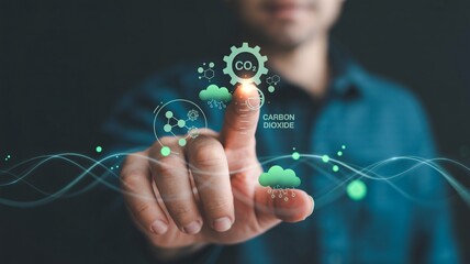 Innovative mind interacts with dynamic digital interface displaying CO2 carbon dioxide data for environmental solutions