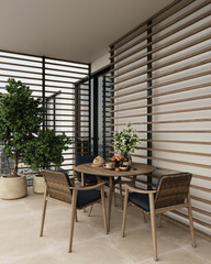Fototapeta premium Outdoor balcony with modern furniture, wooden blinds, and green plants creating cozy relaxation space.
