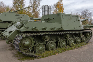 A self-propelled Soviet artillery installation from the Second World War. A large-caliber self-propelled armored installation for fighting heavy tanks and pillboxes. Armored military equipment.
