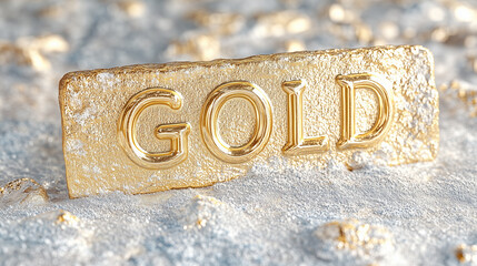 Golden plate with the word 'Gold' on shiny background. Luxury, precious metals, jewelry themes