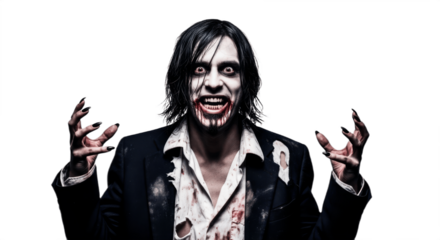 Creepy horror man isolated on white background, eerie figure with dark eyes and unsettling expression, representing fear, nightmare, Halloween, or spooky character concept in horror art or design.