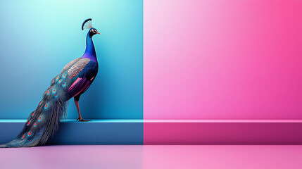 Vibrant peacock on colorful pink and blue split background for modern design and bright projects