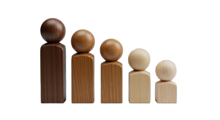Abstract wooden human figures of varying heights and wood tones, arranged in a decreasing order on a transparent background.