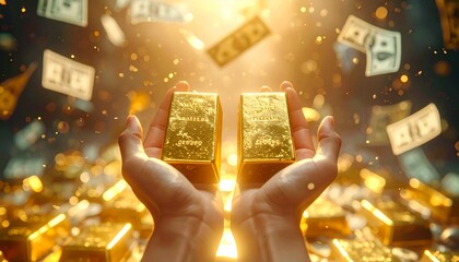 Close-up of hands holding shining gold bars surrounded by flying dollar bills and glowing golden light, symbolizing wealth, success, and financial prosperity.