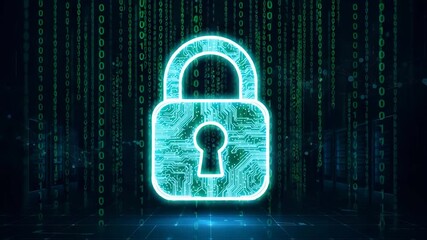 Abstract digital animation of a glowing padlock symbol on dark background - Powered by Adobe