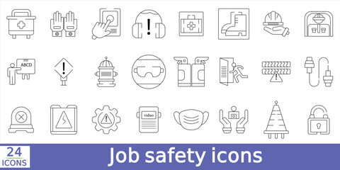 A collection of job safety icons, featuring tools, protective gear, and emergency