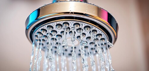 Close-up of a gleaming chrome showerhead, water droplets clinging to its surface,  upscale,  high-end
