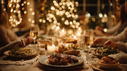 A Festive Culinary Celebration with Delicious Dishes and Sparkling Drinks Amidst the Holiday Ambiance