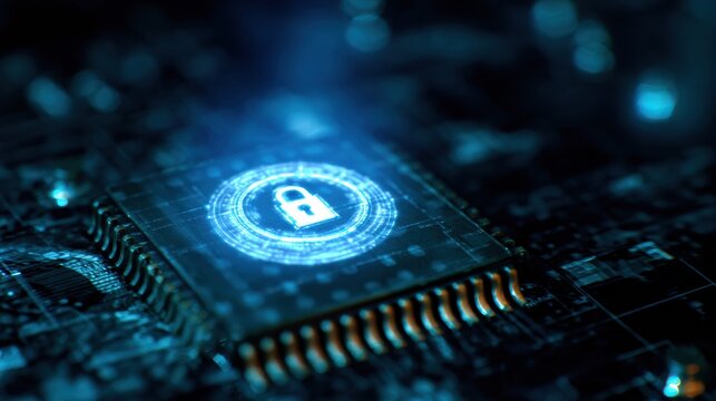Secure circuit chip with glowing padlock symbol on processor, microchip security concept showing encryption and protection in digital hardware