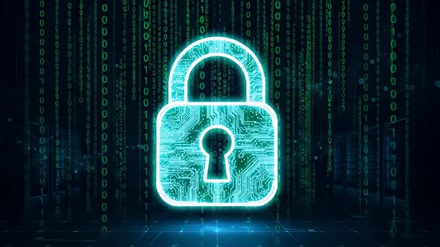 Abstract digital animation of a glowing padlock symbol on dark background