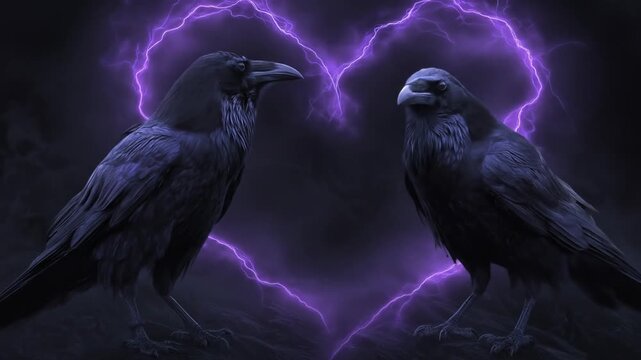Two dark ravens forming a glowing purple lightning heart shape, symbolizing mysterious love and gothic romance on a moody background.