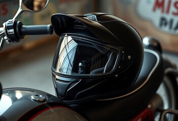 Close-up of a sleek motorcycle helmet resting on a vintage motorcycle seat,  speed,  head protection