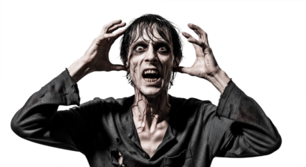 Creepy horror man isolated on white background, eerie figure with dark eyes and unsettling expression, representing fear, nightmare, Halloween, or spooky character concept in horror art or design.