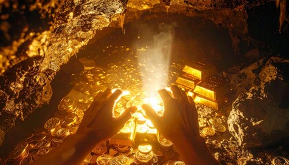 Hands reaching glowing gold treasure inside cave