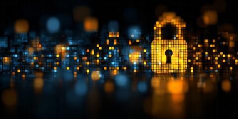 Obraz premium Glowing digital padlock icon stands against a dark background of abstract pixelated lights