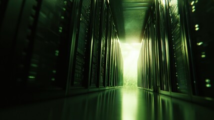 Green server rack corridor with glowing light and reflective floor conveying futuristic data center ambience and sustainable technology optimism