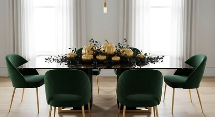 Elegant dining room featuring gold pumpkins and green velvet chairs for a festive autumn celebration