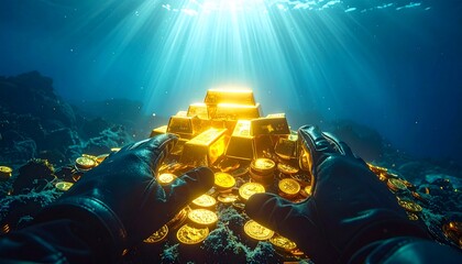 Diver discovering underwater treasure of gold bars and coins