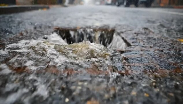 Intense rain cascades down city street drain with autumn leaves