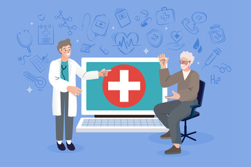 A doctor presents an online healthcare service on a laptop to a senior patient. This concept shows telemedicine, digital consultation, and health-tech with medical icons.