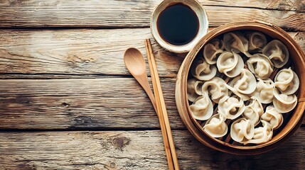 Top view of Chinese dumplings in steamer basket with soy sauce and chili oil on wooden table, blank space on bottom right 