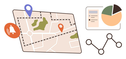 Digital map with pinpoint markers, notification bell icon, pie chart, and line graph. Ideal for navigation, tracking, analytics, location services, data analysis business planning simple flat