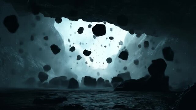 Mysterious dark cave with suspended rocks and bright light at the end. Abstract fantasy scene of falling debris in an eerie underground space.