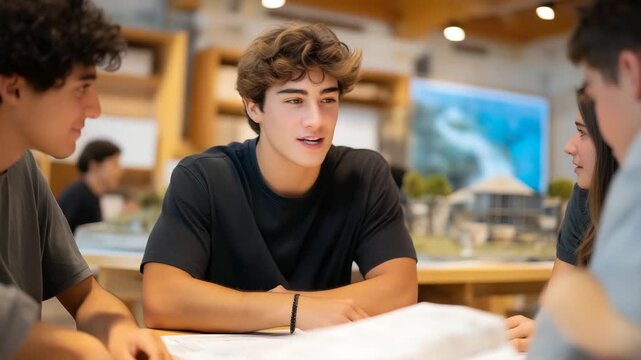 A student presents a blueprint for a tiny house in a classroom, with a projector beaming, classmates discussing, a model on a table, and a whiteboard with notes, presented in a collaborative photo