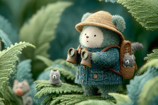 Crafty bear explorer with binoculars surrounded by woodland creatures in the lush green forest