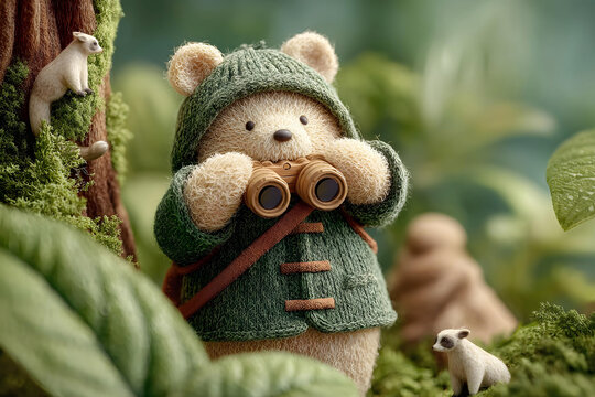 Cute bear in green coat and hat observes nature with binoculars in a lush forest setting during daylight - Powered by Adobe