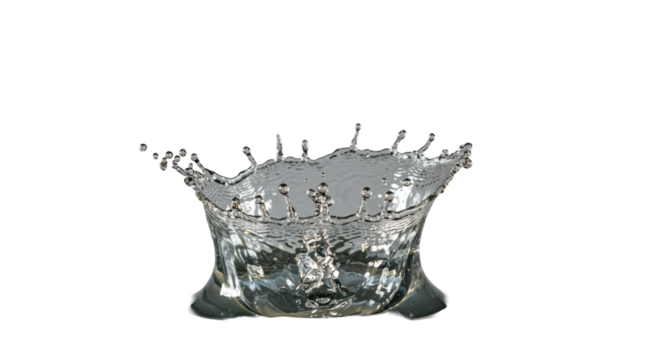 Crystal-clear, highly viscous water droplets in a dynamic burst, frozen mid-air, splashing outwards on a transparent studio background with luminous halo, concept of scientific beauty and dynamic