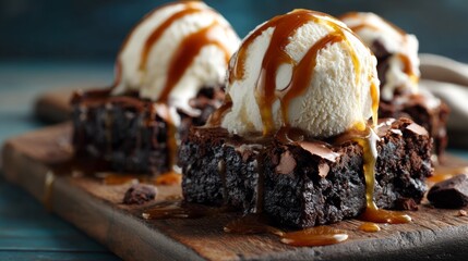 ice cream with brownie on a board