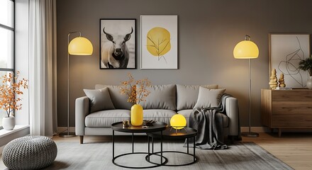 Modern living room interior with gray sofa round tables lamps and artwork creating a cozy atmosphere