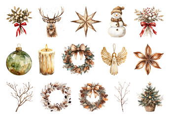 Obraz premium PNG Vintage Christmas holiday decoration illustrations, element set on transparent background