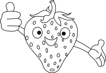 Cute cartoon strawberry character giving a thumbs up. Fun and cheerful fruit mascot illustration for kids, coloring books, healthy food design, and educational materials.