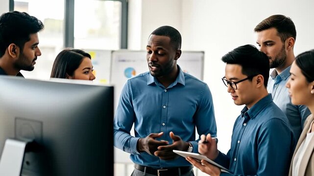A group meeting in a modern office where a diverse team discusses ideas and strategies