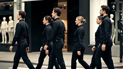A group of business professionals walking in unison on a city street, showcasing teamwork and focus. Their formal black attire demonstrates corporate culture and professionalism. - Powered by Adobe