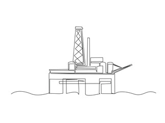 Petrol drilling platform in the ocean single outline draw illustration. Continuous line art drawing of Offshore oil rig in the ocean. Editable stroke.