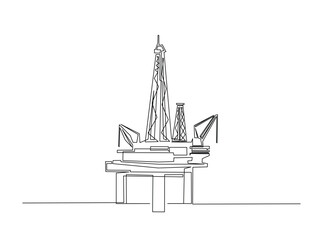 Petrol drilling platform in the ocean single outline draw illustration. Continuous line art drawing of Offshore oil rig in the ocean. Editable stroke.
