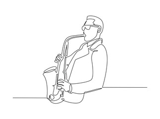Man playing saxophone outline draw illustration. Continuous line art drawing of Saxophonist Perfomance. Editable stroke.