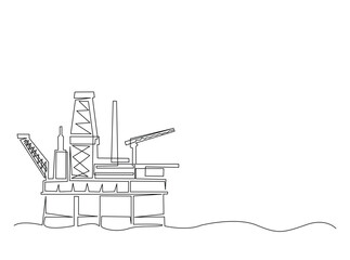 Petrol drilling platform in the ocean single outline draw illustration. Continuous line art drawing of Offshore oil rig in the ocean. Editable stroke.