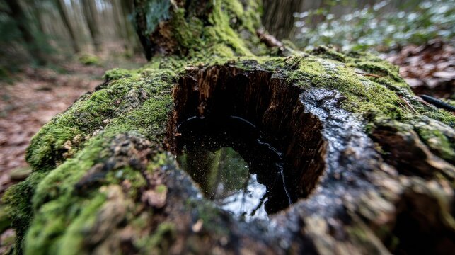 hollow. Hollow tree trunk collecting rainwater in a forest setting. ESG reports, sustainability campaigns, designed for sustainability communications and ESG reporting, drives climate awareness.