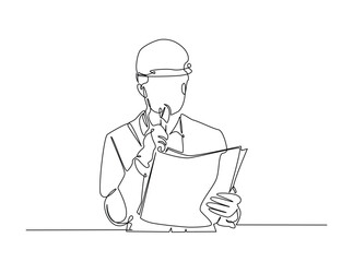 Engineer Reading Blueprint outline draw illustration. Continuous line art drawing of architect or engineer reading blueprint for construction. Editable stroke.