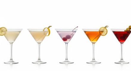 Five assorted martinis with garnishes isolated on white background