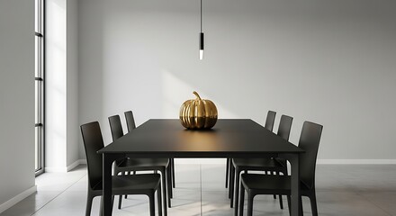 Golden pumpkin centerpiece on a black dining table in a minimalist room with natural light shining in
