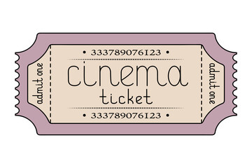 Cinema. Pink ticket admit one. Handwritten lettering in lowercase letters Illustration 