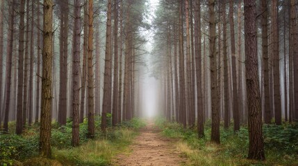 vanishing. Misty forest path with straight tree trunks leading into the distant fog. travel magazines, destination branding, designed for travel destination branding, used by event planners.